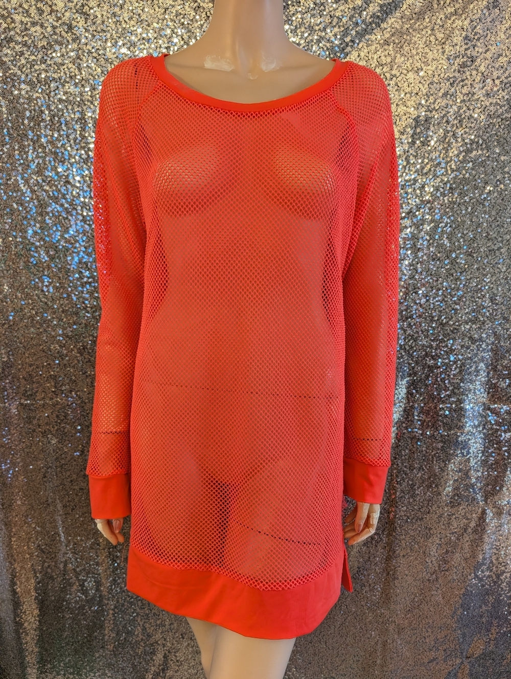 la Vie en Rose Aqua Neon Coral Mesh Swimsuit Cover-Up Dress Medium